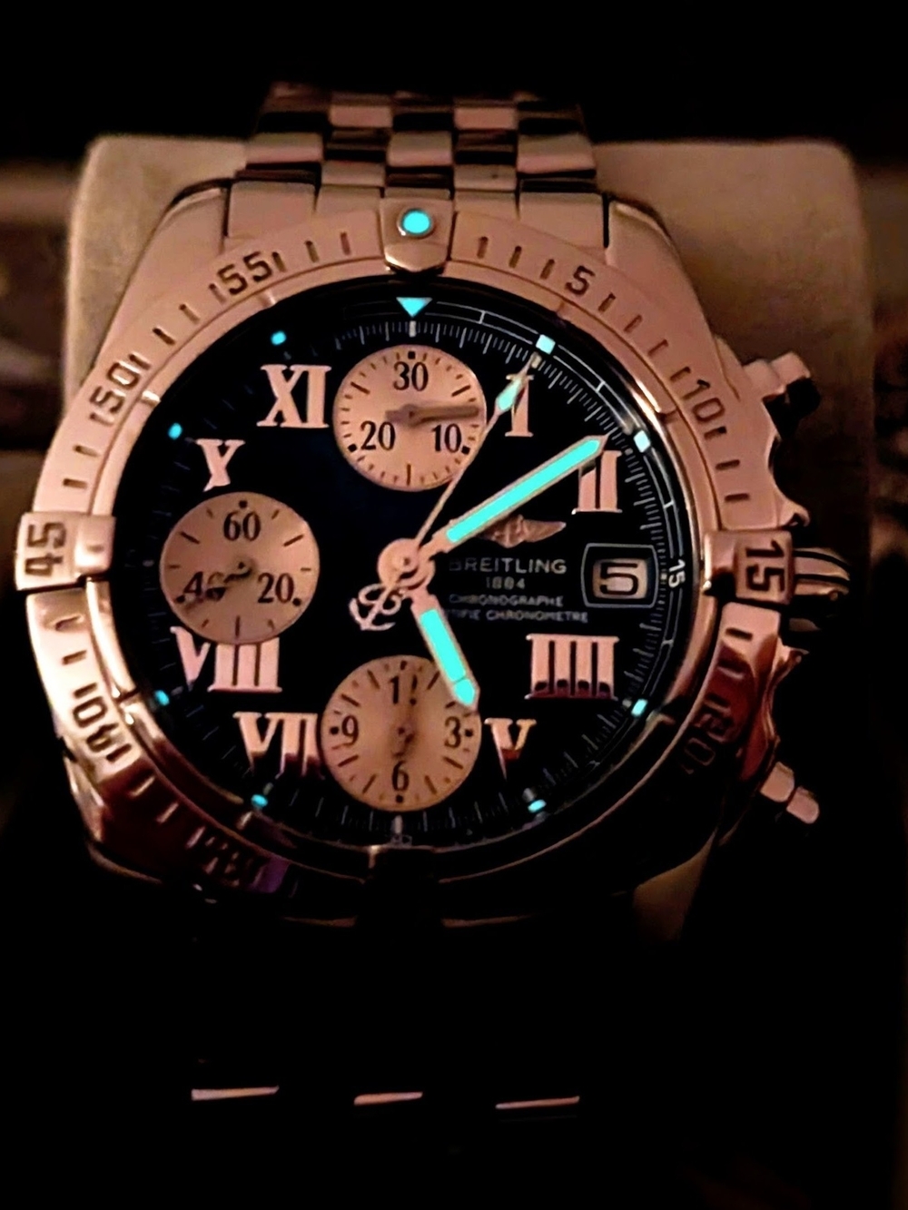 Breitling Blue and Silver Chronograph Watch with Metal Bracelet